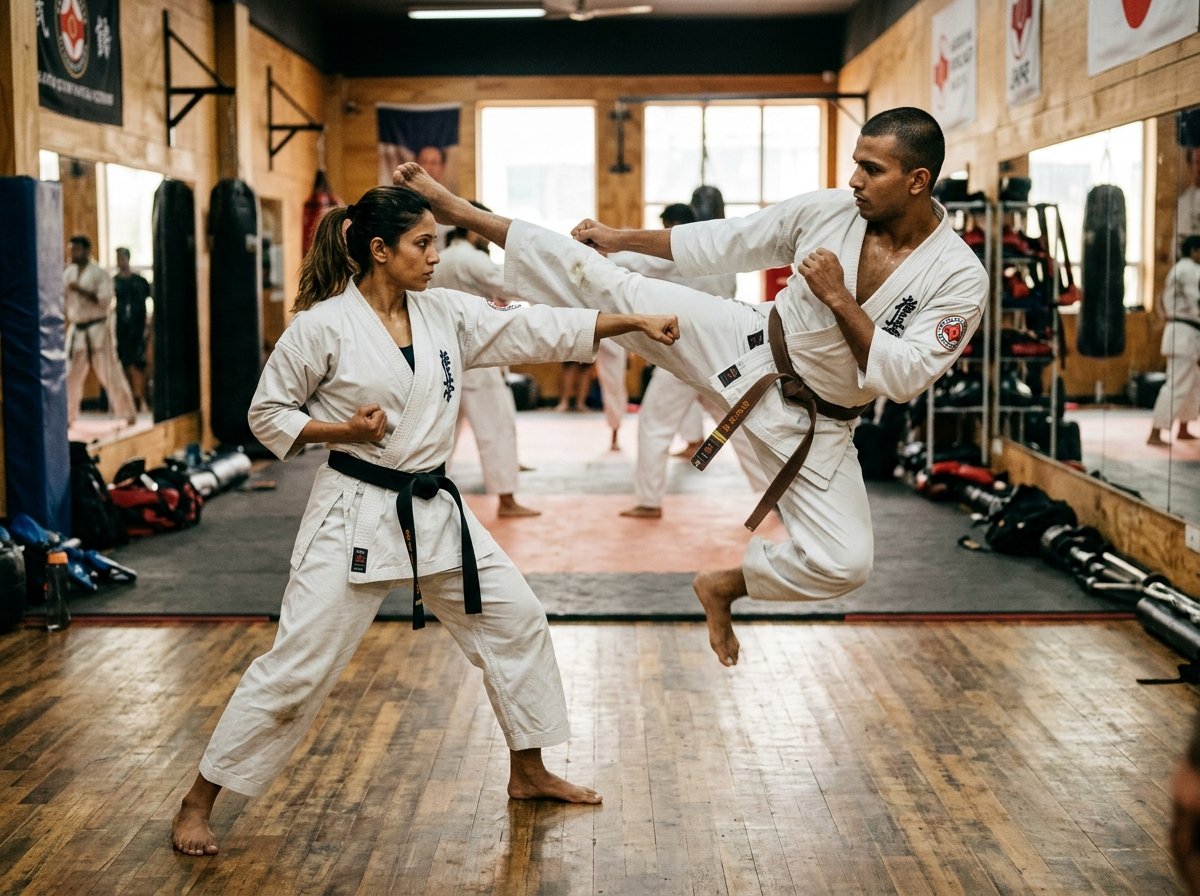 Adults practicing karate conditioning and strikes