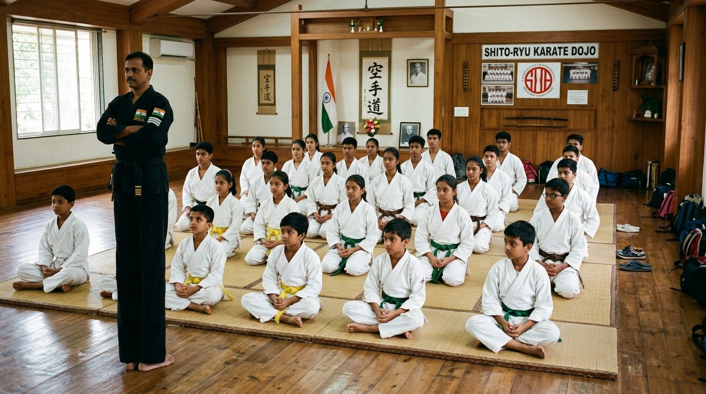 Karate students bowing in seiza posture