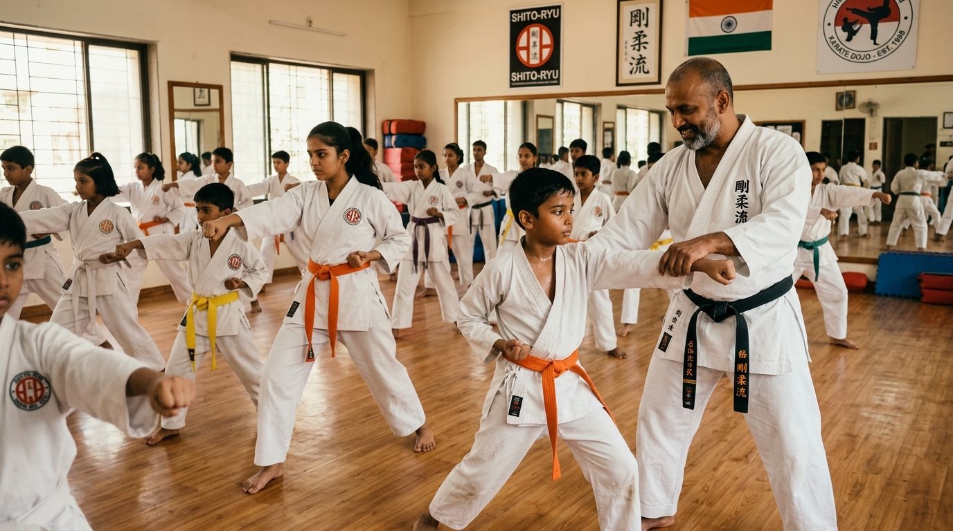 Indian karate coach instructing students in dojo